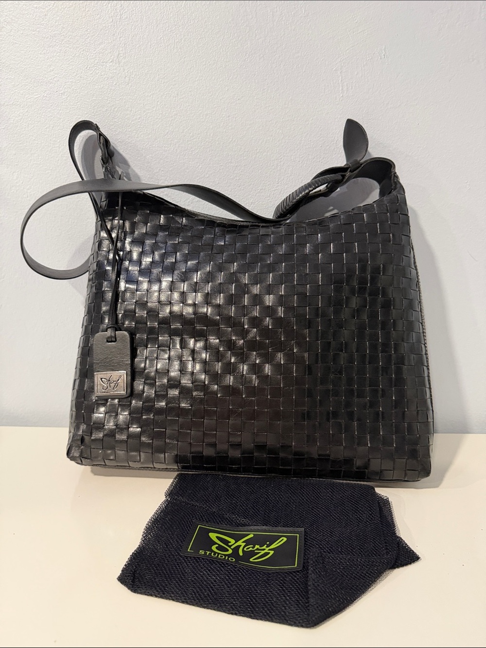 Sharif Vintage Black Woven Leather Shoulder Hobo with Signature Tag